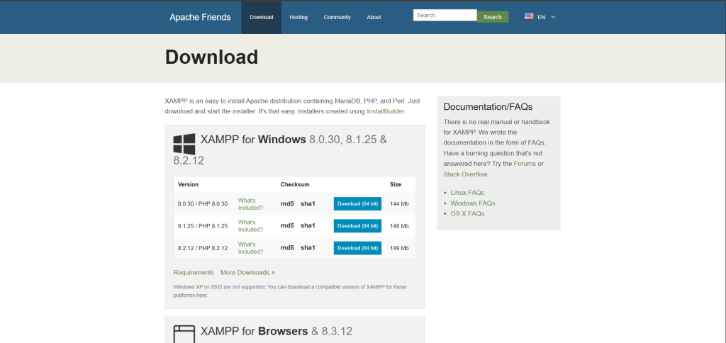 XAMPP control panel showing Apache and MySQL running for WordPress installation on localhost