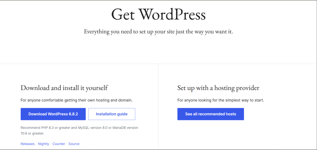 WordPress download page from official WordPress.org website