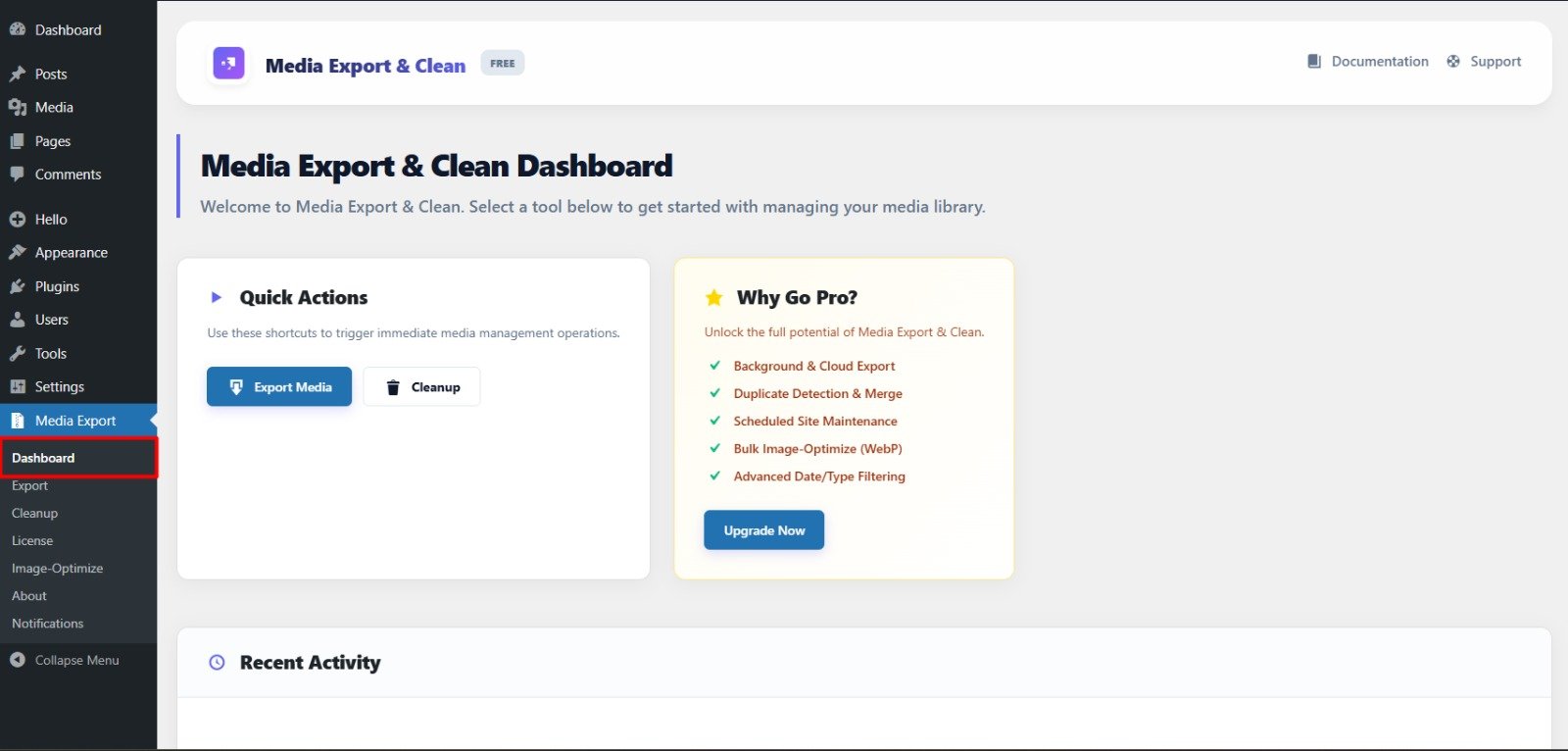WordPress Media Export Interface
