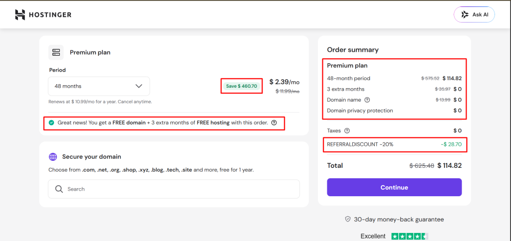 WordPress Tutorial Bangla 2026 | Beginner to Pro Step-by-Step Guide 2 Hostinger Premium hosting plan showing free domain, extra free months, and 20 percent discount offer